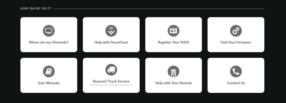 Vizio TV customer support homepage