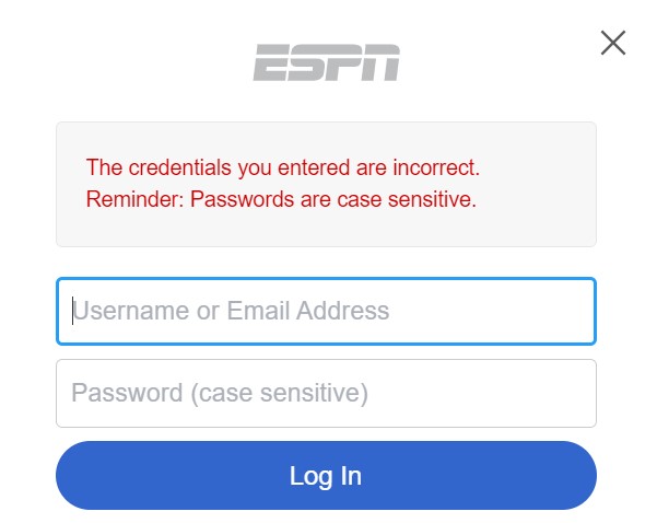 ESPN account login error message